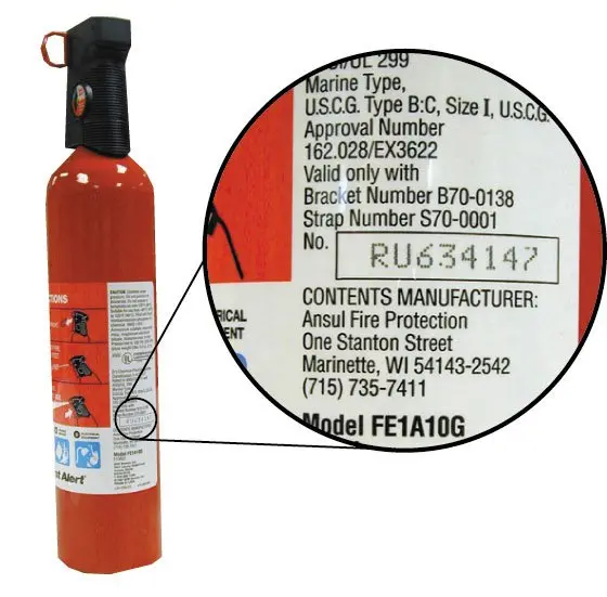 Recalled First Alert fire extinguisher showing location of serial number