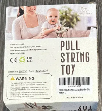 Batch number 250905, 250530, 250120, 240315, 231005 or 230610 is printed on the back of the recalled teething toy packaging