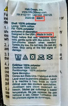 The sewn in label with the batch code and "Made in India" circled