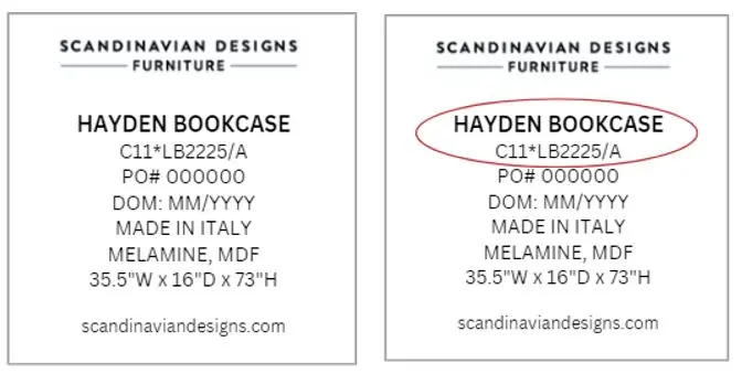 Recalled Hayden Bookcase label