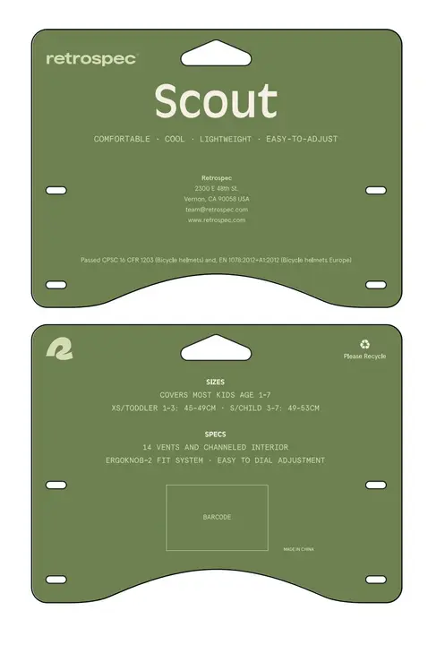 Hang tag label on recalled helmet, listing the name "Retrospec," the Scout brand name, and the helmet size