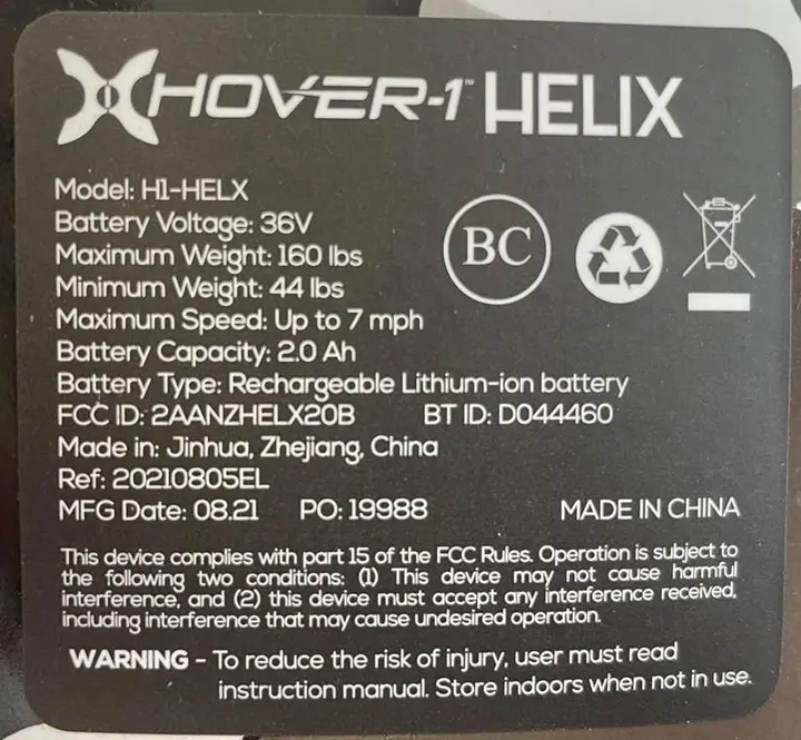 Hover-1 Helix label on the bottom of the hoverboard