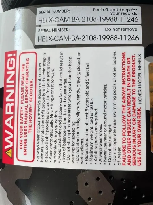Hover-1 Helix serial number label on the bottom of the hoverboard