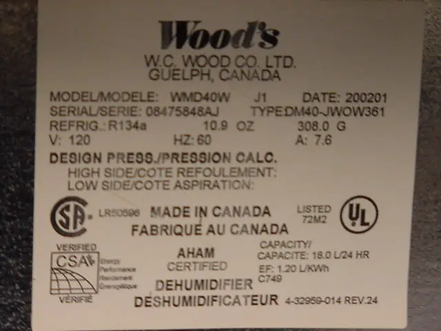 Label on Dehumidifier