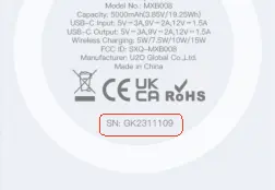 Recalled iWALK Power Bank Model MXB008 (serial number on the back)