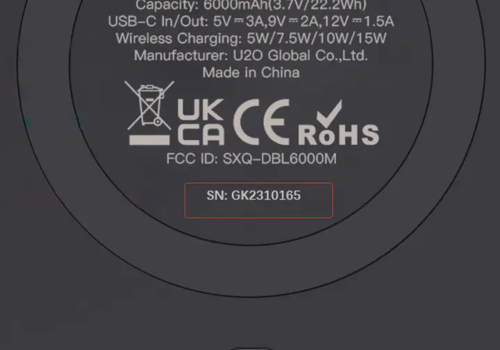 Recalled iWALK Power Bank Models DBL6000M/DBL6000P (serial number on the back)