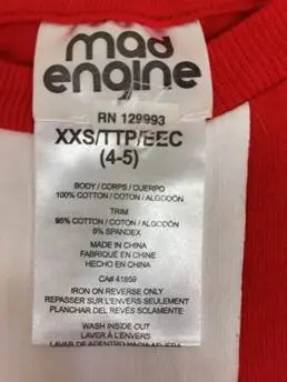 "Mad Engine" "RN 129993" and the size are on the neck label.