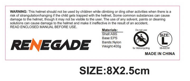 Recalled Hurtle multi-purpose children's helmet interior warning label