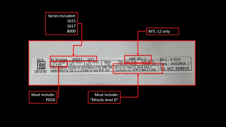 Label for MI 1615/1617 and Window World 8000 Series (Impact-Resistant)