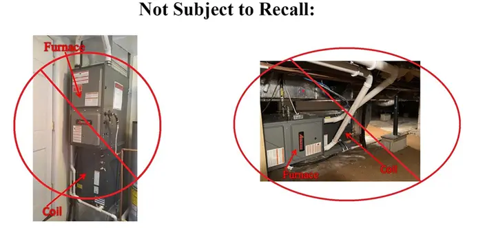 Recalled evaporator coil drain pans installed with condensing (white pipe) or non-condensing (metal pipe) gas furnaces that are not in an "up-flow" coil configuration