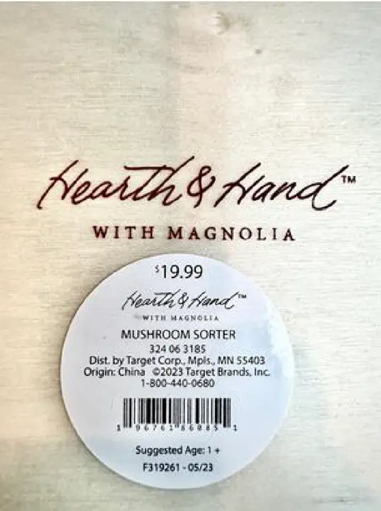 Recalled Hearth & Hand with Magnolia Toy Mushroom Peg Sorter product label
