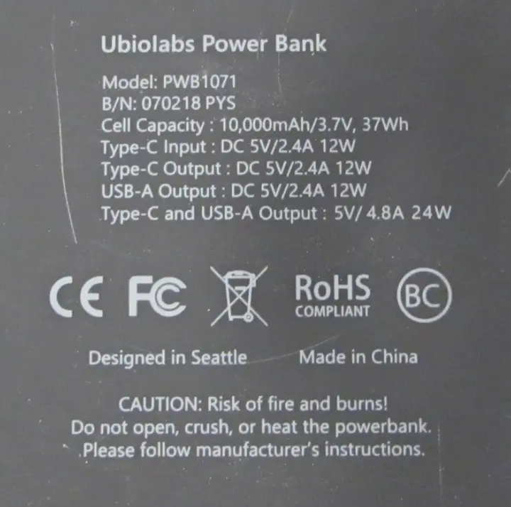 Back of recalled power banks showing model number PWB1071
