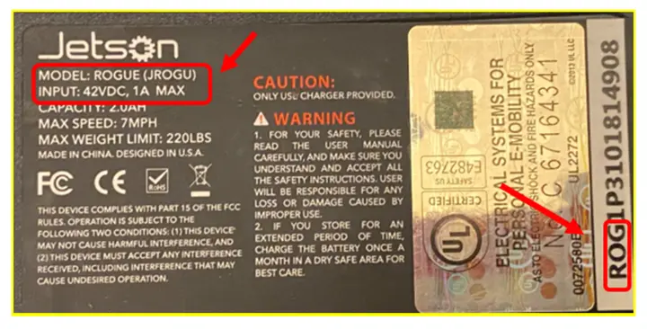 Labels on bottom of recalled Jetson Rogue Self-Balancing Scooter/Hoverboard show UL certification and serial number (they do not show a barcode)