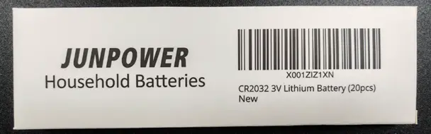 Recalled Junpower CR2032 Lithium Coin Batteries and Packaging with "X001ZIZ1XN" printed on the back of package