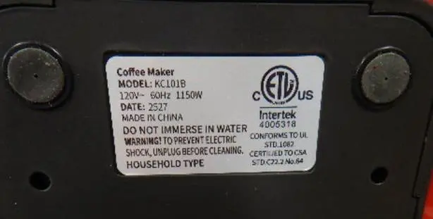 Model "KC101B" is printed on a sticker on the underside of the recalled Kidisle coffemaker