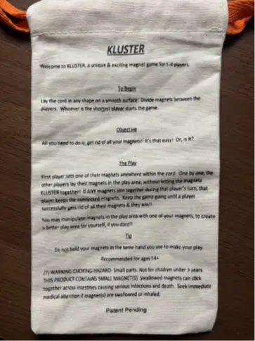 Recalled Kluster Fun Tabletop Magnet Chess Game (Back of Pouch with Gameplay Instructions)
