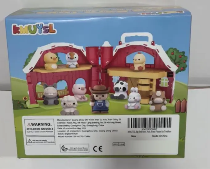 Recalled KMUYSL-Big Red Barn Farm Animal Playset - Back of the Package