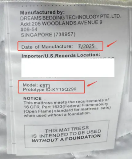 Recalled Koorlian Mattress Label with identifying information