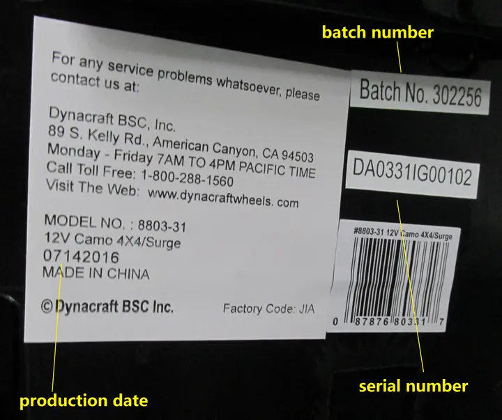 Surge 12 V Camo 4X4 model number, date code, batch and serial number label