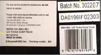 Tonka 12V Mighty Dump Truck model number, date code, batch and serial number