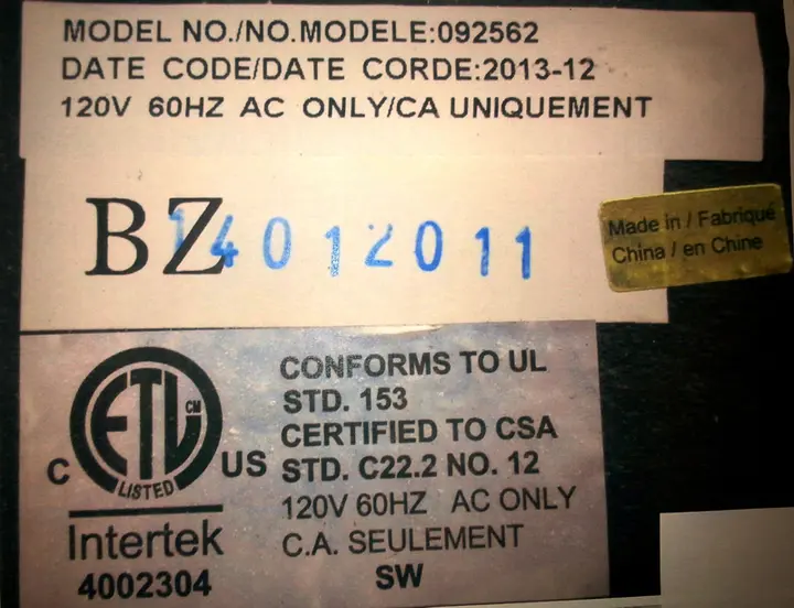 Label under base of lamp