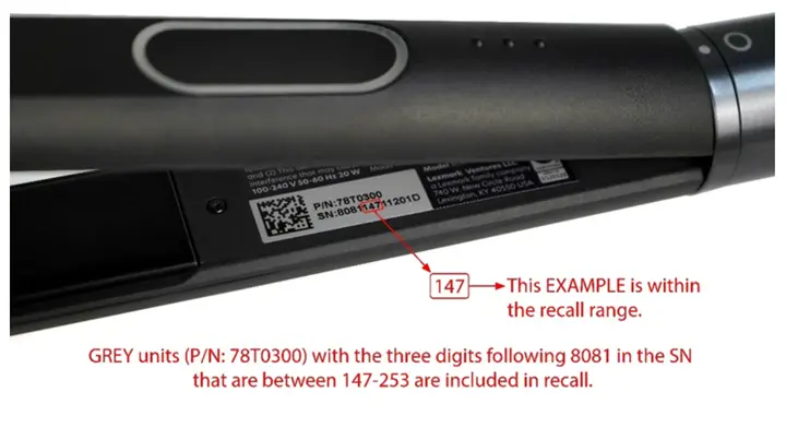 Location of date codes for recalled hair styler (gray)