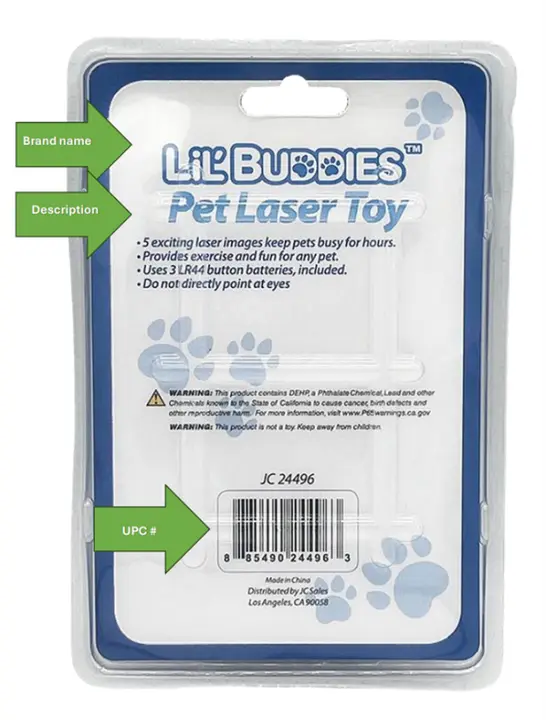 Recalled LiL'BUDDIES Pet Laser Toy (back of the package)