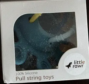 Recalled Little Rawr Silicone Pull String Teething Toys- Front of packaging