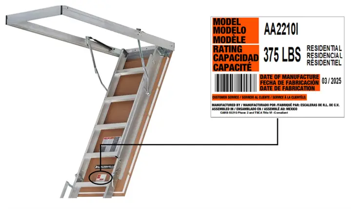 Recalled Attic Stairway Ladder with gas struts (Close-up of Label Plate w/ Model Number)