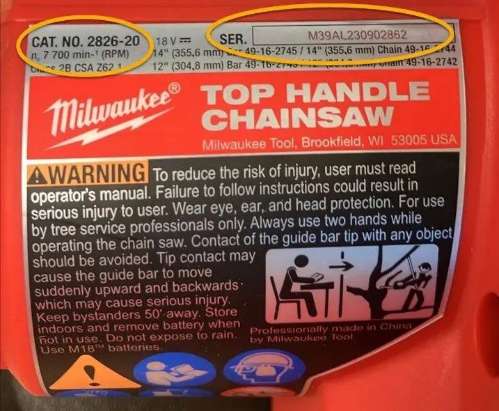 Recalled Milwaukee M18 FUEL Top Handle Chainsaw (catalog/serial number label)