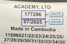 "ACADEMY, LTD," "177296" and the manufacture date 07/2025 or 08/2025 are printed on the tracking label sewn onto the arm of the chair