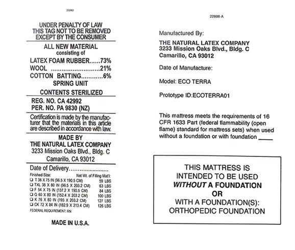 Recalled Eco Terra Hybrid Latex Mattress Label