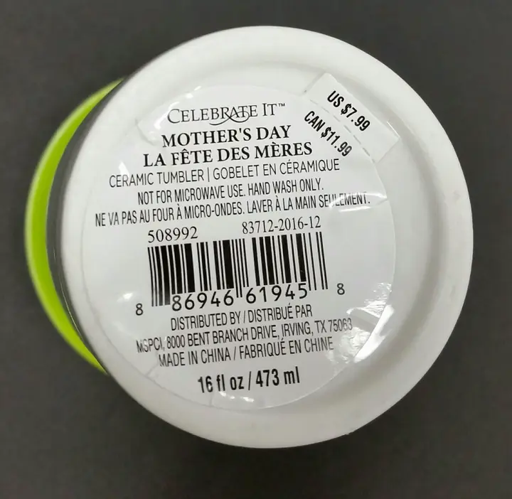 Label on the bottom of the Celebrate It ceramic travel mugs
