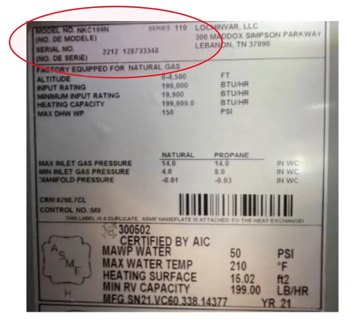 Location of the model number and serial number on data plate