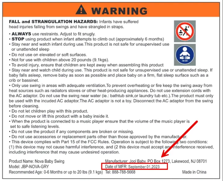 Model JBP-NOVA-GRY and the manufacture date are printed on the sewn-in warning label on the back of the swing's seat
