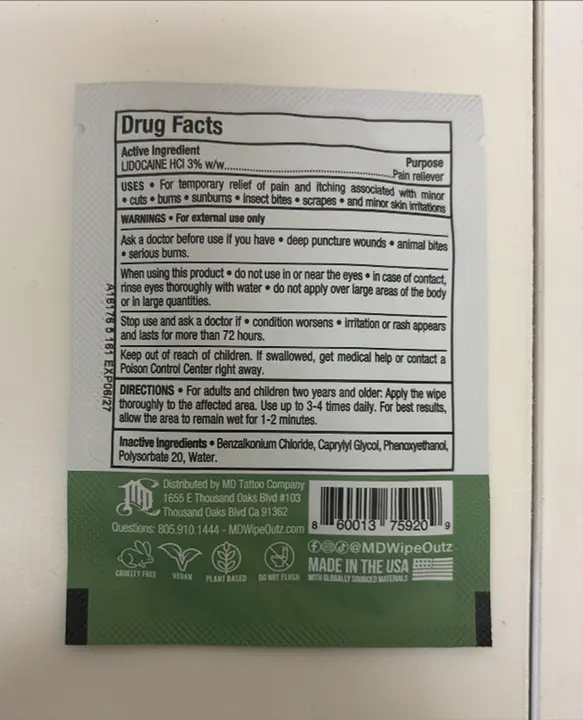 Recalled MD Wipe Outz Numbing Tattoo Wipe (back)
