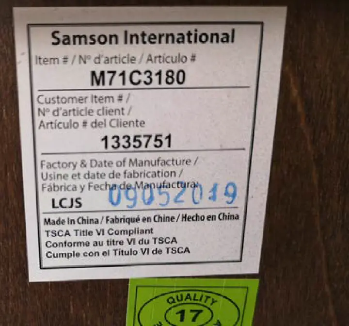 Recalled Universal Broadmoore Cayden Gentleman's 9-Drawer Chest Date Code Label