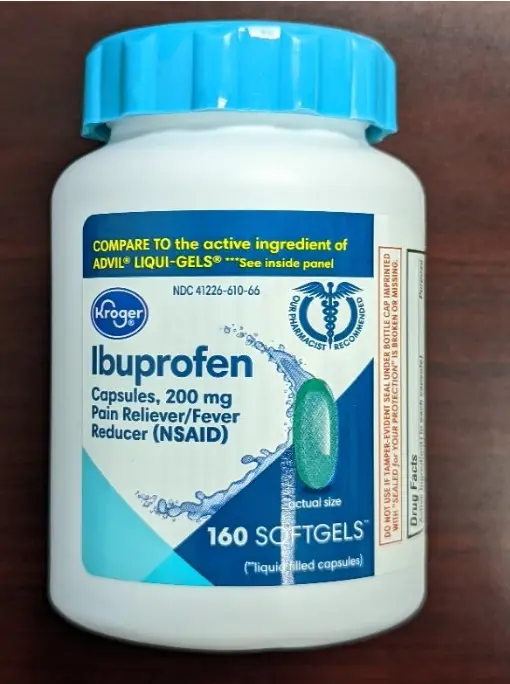 Recalled Kroger Ibuprofen, 200 mg softgel capsules, 160 count bottle