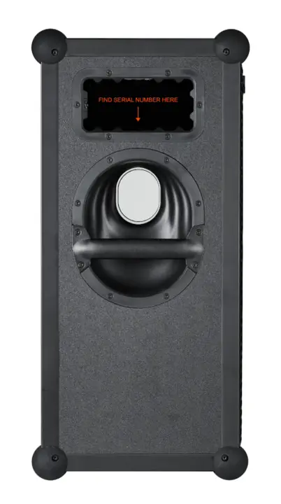 Serial number location printed on the slot-in compartment on the side of the speaker