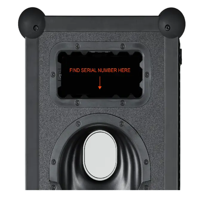 Close-up of serial number location printed on the slot-in compartment on the side of the speaker