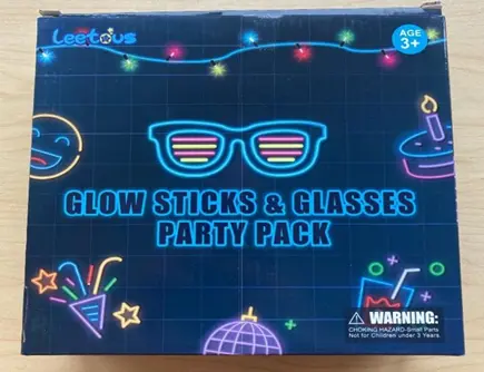 Recalled glow sticks and glasses party pack toys – box