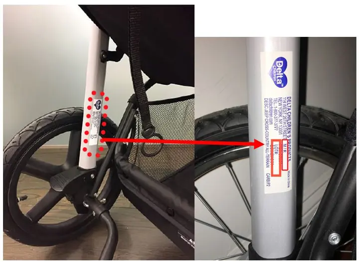 Delta label located in the left bottom frame support bars