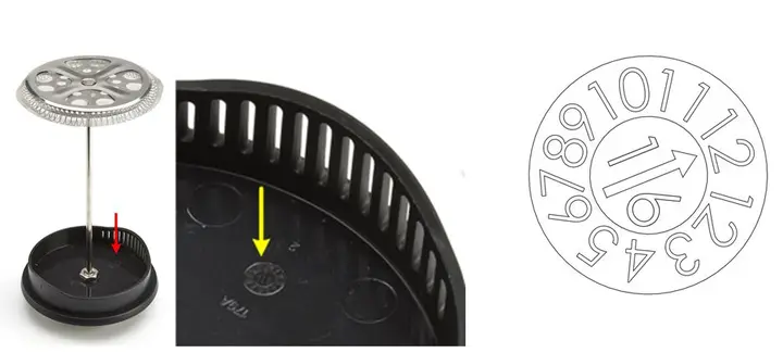 The date code dial is printed on the inside of the Bialetti coffee press plunger lid.