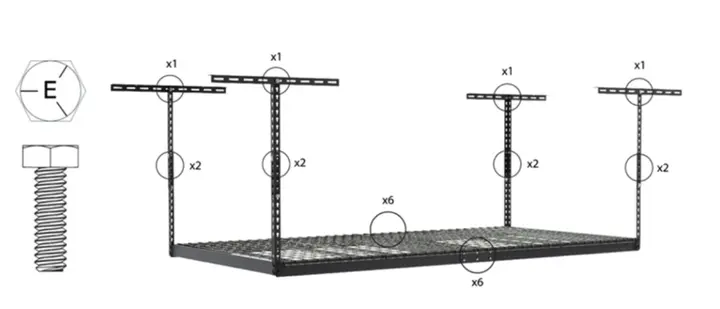 Recalled Overhead Garage Storage Rack bolts located in the areas circled in the image and are stamped with the letter "E" on the heads of the bolts