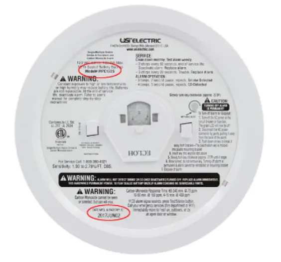 Back of recalled hardwired USI Electric 2-in-1 Photoelectric Smoke & Fire + Carbon Monoxide alarm Model MPC122S with a manufacturing date code of 2017JUN02
