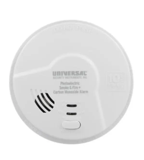 Front of recalled battery powered Universal Security Instruments, Inc. 2-in-1 Photoelectric Smoke & Fire + Carbon Monoxide alarm Model MPC322S with a manufacturing date code of 2017JUN09