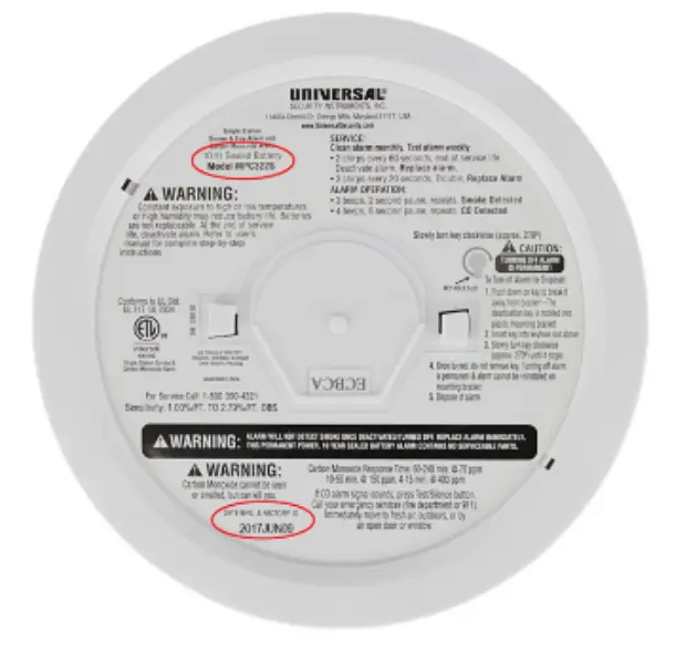 Back of recalled battery powered Universal Security Instruments 2-in-1 Photoelectric Smoke & Fire + Carbon Monoxide alarm Model MPC322S with a manufacturing date code of 2017JUN09