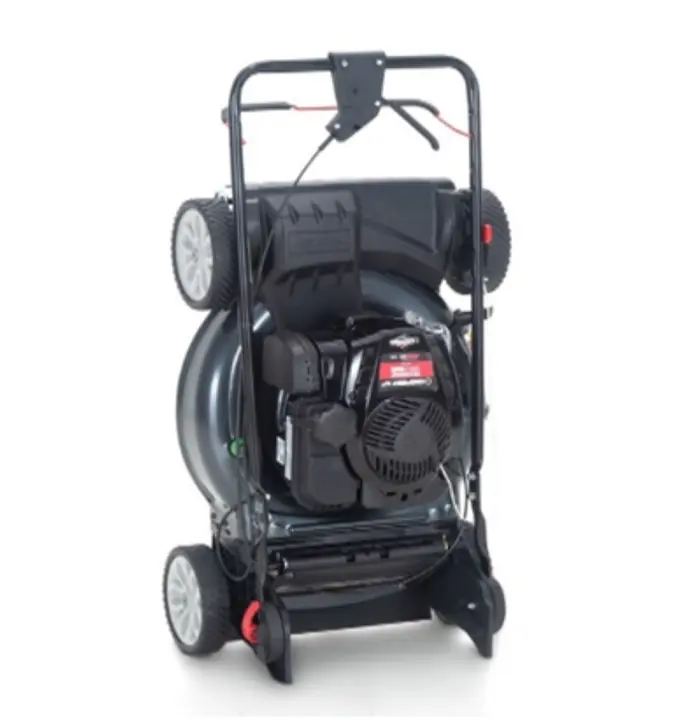 Recalled Troy-Bilt SpaceSavr™ Walk-Behind Self-Propelled Lawn Mower in vertical storage position
