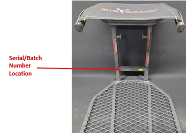 Location of Serial Number on Recalled The Captain Hang-on Treestand - Model: BGM-FP0050