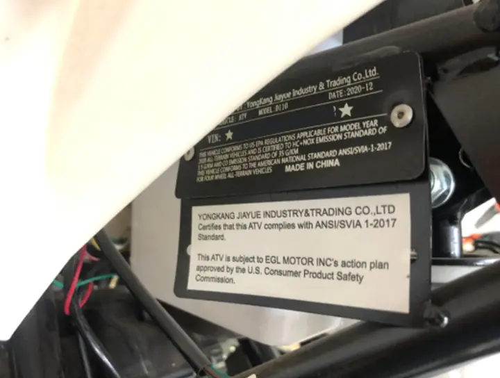 Model number plate for recalled ACE D110 Youth ATV
